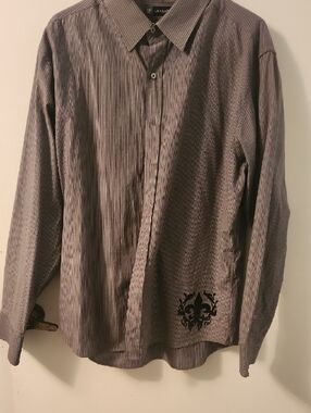 Men's Gray Striped Button-Down Shirt with Black Crest Graphic